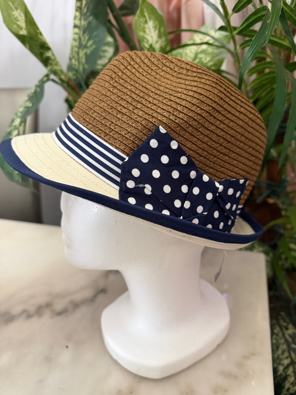 Aldo Brown Straw Fedora with Cream Brim and Navy Accents
